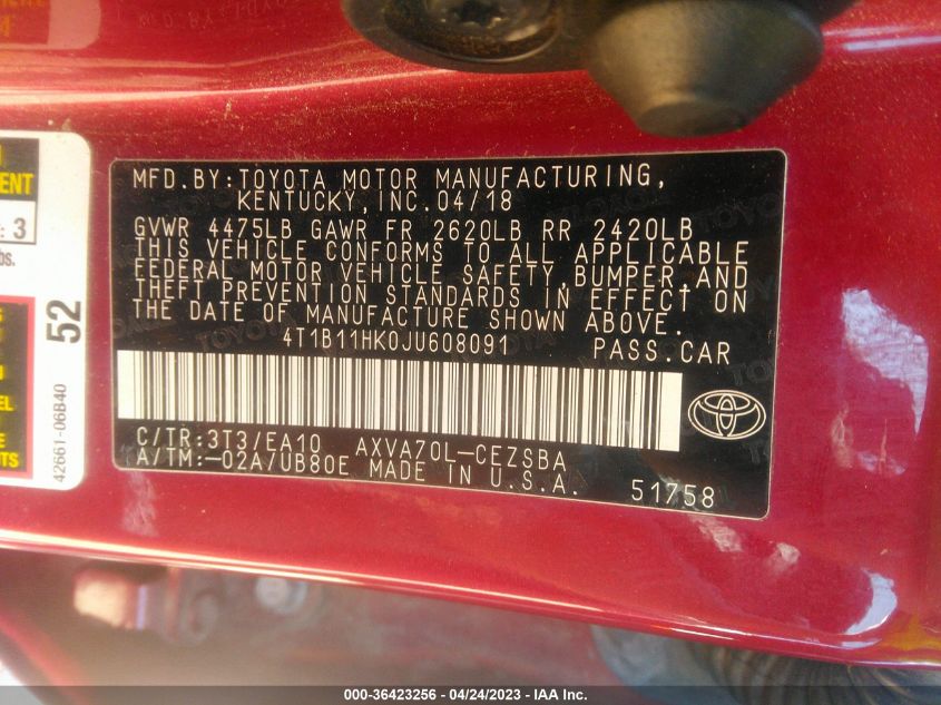 2018 TOYOTA CAMRY LE/SE/XLE/L - 4T1B11HK0JU608091