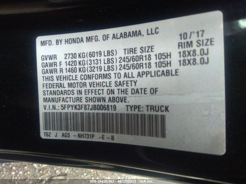 2018 HONDA RIDGELINE BLACK EDITION - 5FPYK3F87JB006819