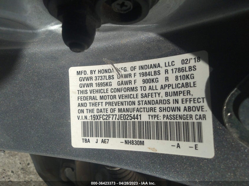 VIN 19XFC2F77JE025441 2018 HONDA CIVIC SEDAN EX