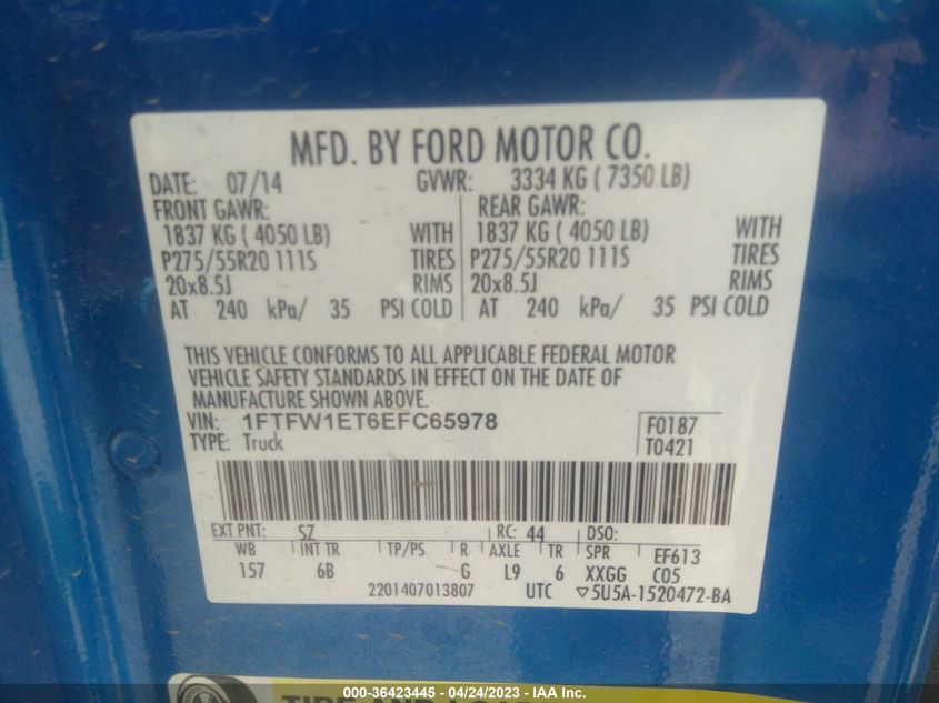 2014 FORD F-150 XL/XLT/FX4/LARIAT - 1FTFW1ET6EFC65978