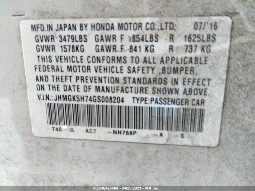 2016 HONDA FIT EX - JHMGK5H74GS008204