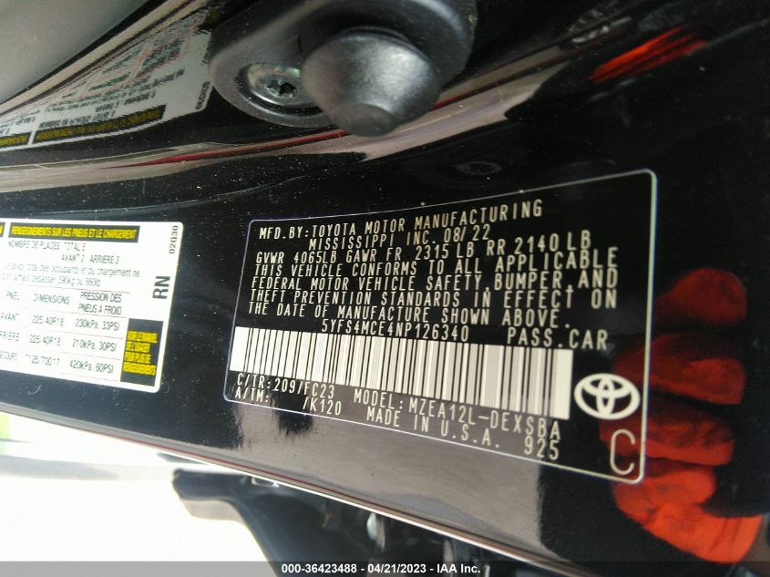 2022 TOYOTA COROLLA SE/SE NIGHTSHADE/APEX SE - 5YFS4MCE4NP126340