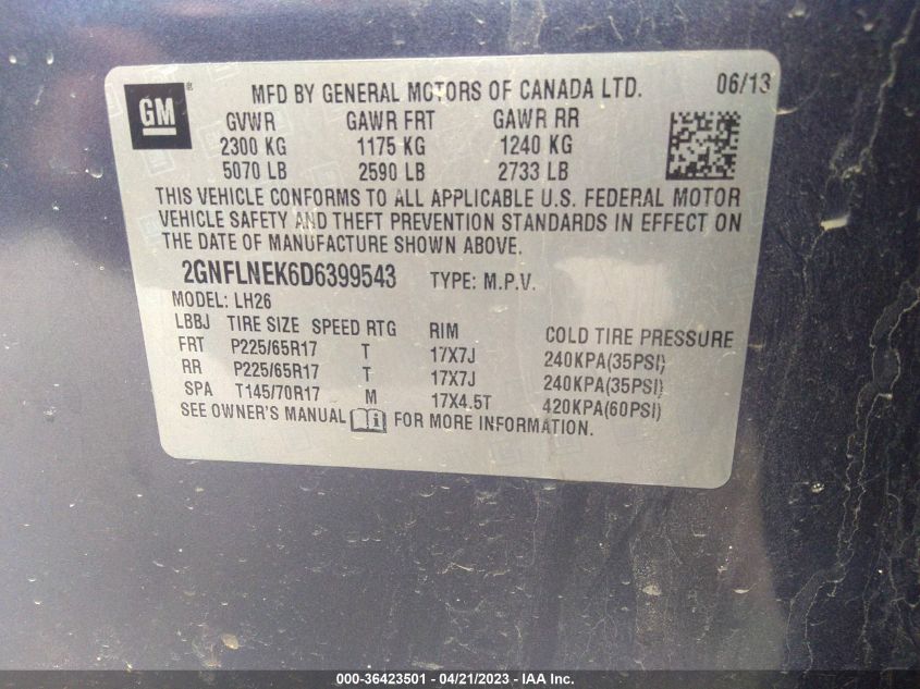 2013 CHEVROLET EQUINOX LT - 2GNFLNEK6D6399543