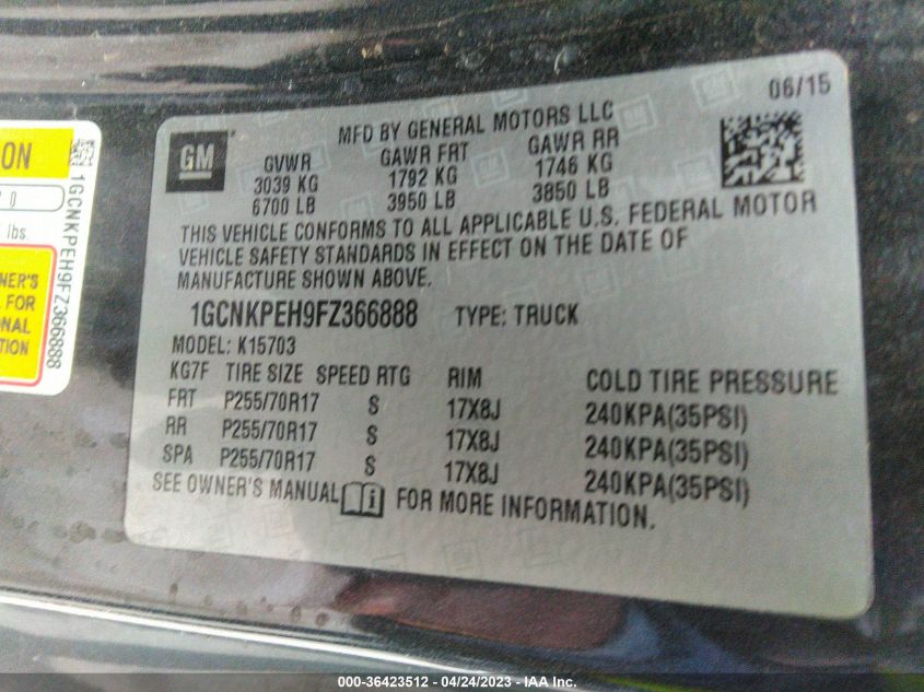 2015 CHEVROLET SILVERADO 1500 WORK TRUCK - 1GCNKPEH9FZ366888