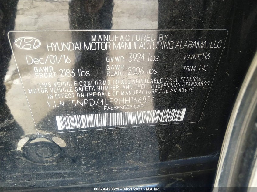 VIN 5NPD74LF9HH166827 2017 HYUNDAI ELANTRA SE