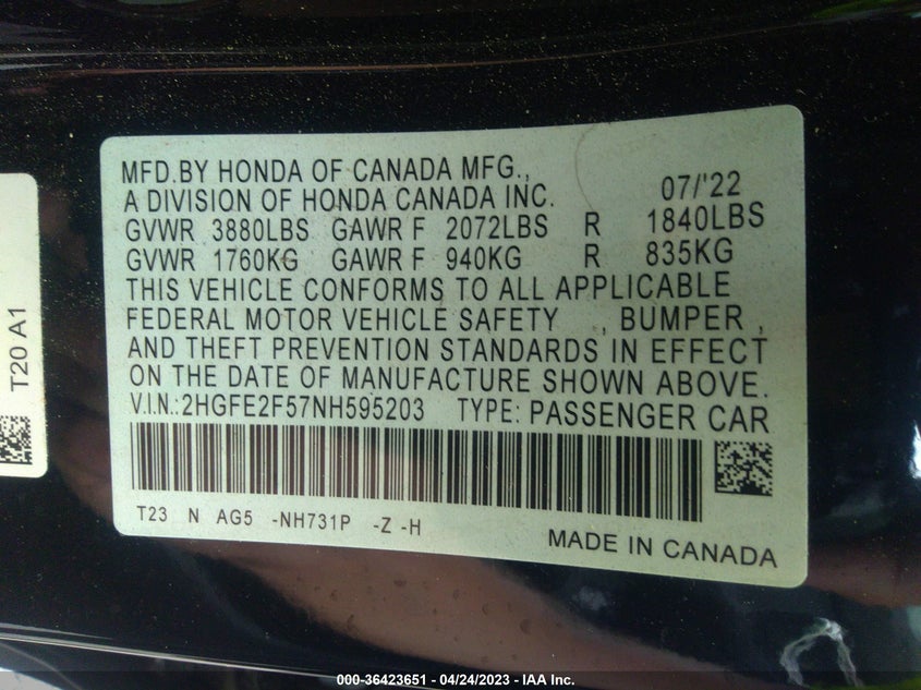 VIN 2HGFE2F57NH595203 2022 HONDA CIVIC SEDAN SPORT