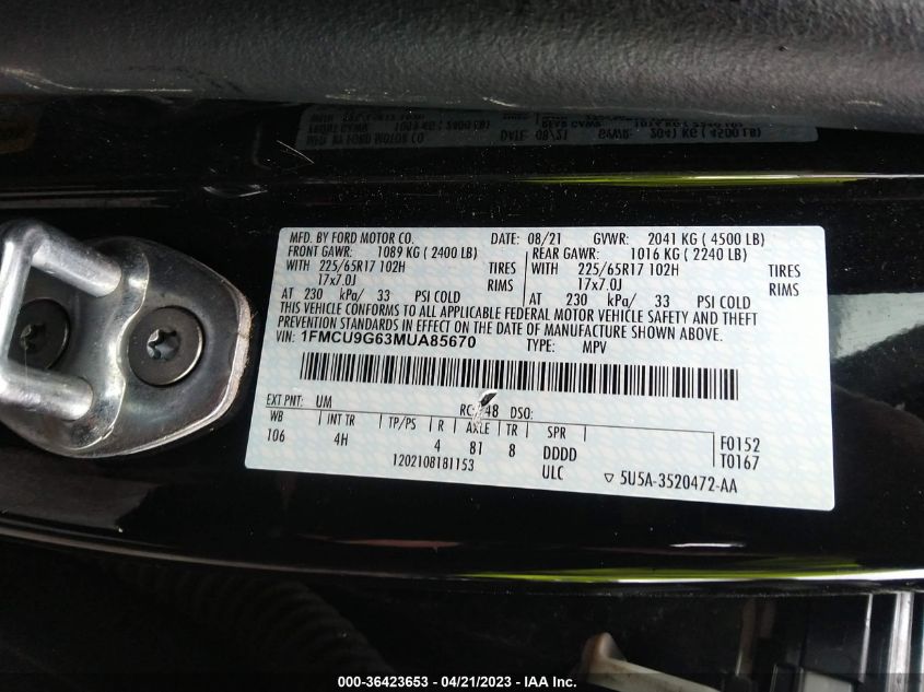 Auction sale of the 2021 FORD ESCAPE , vin: 1FMCU9G63MUA85670, lot number: 36423653