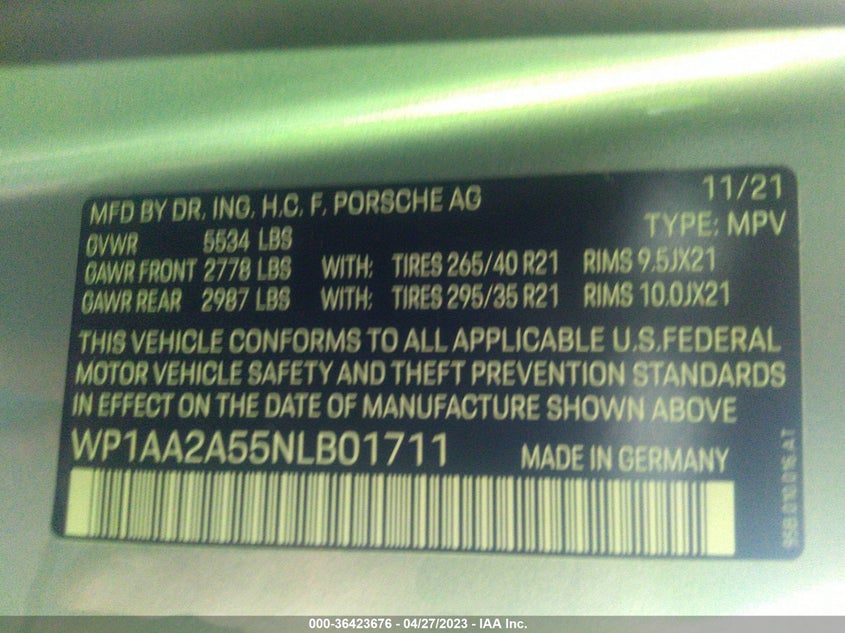 VIN WP1AA2A55NLB01711 2022 PORSCHE MACAN