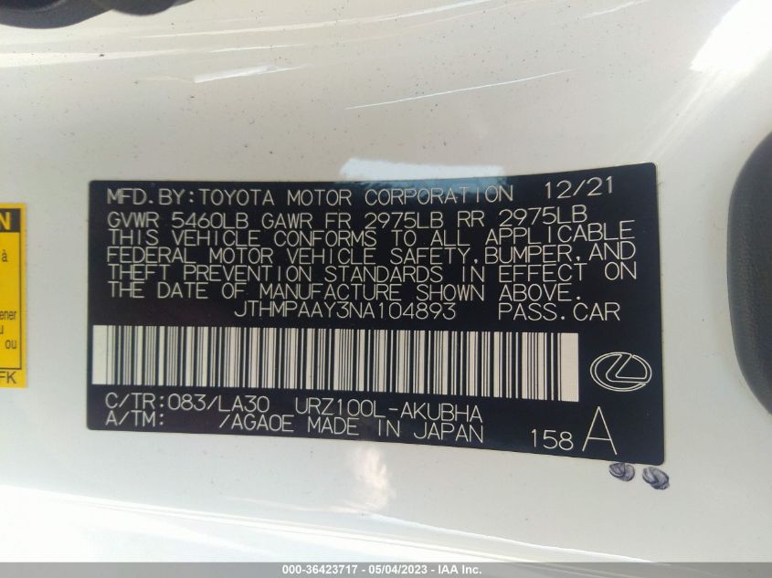 2022 LEXUS LC LC 500 - JTHMPAAY3NA104893