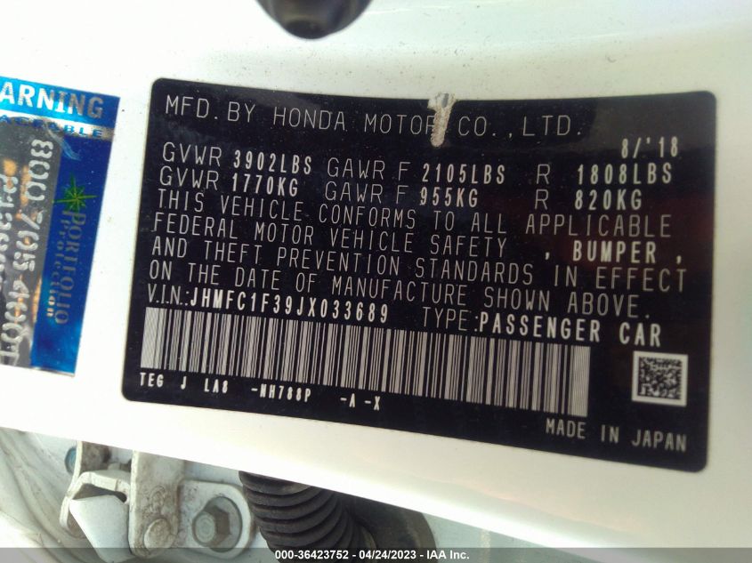 2018 HONDA CIVIC SEDAN EX-T - JHMFC1F39JX033689