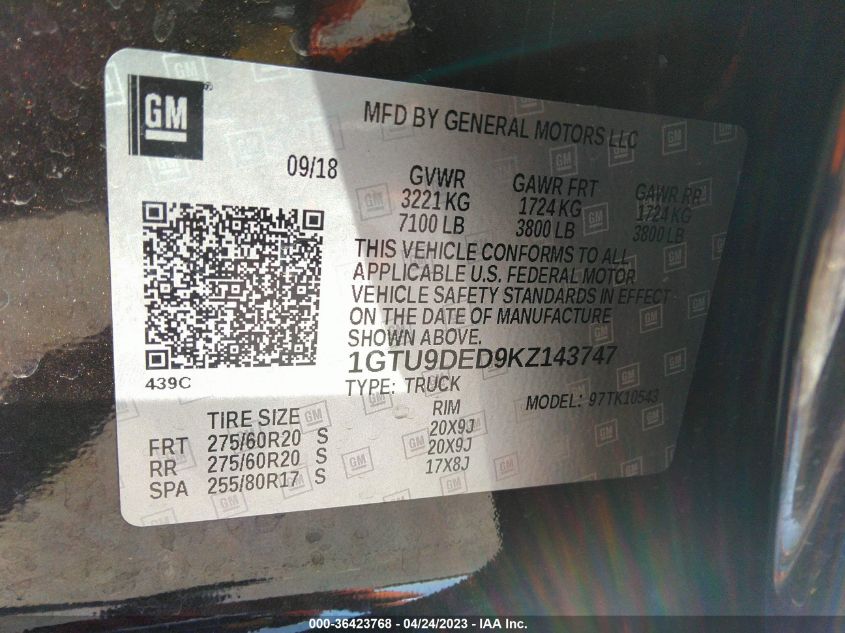 2019 GMC SIERRA 1500 SLT - 1GTU9DED9KZ143747