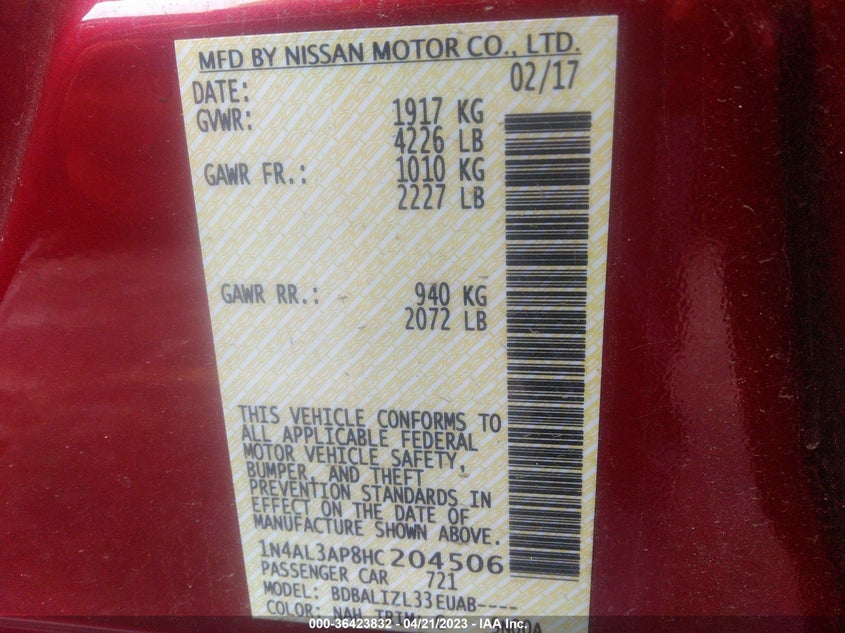 VIN 1N4AL3AP8HC204506 2017 NISSAN ALTIMA 2.5 SV