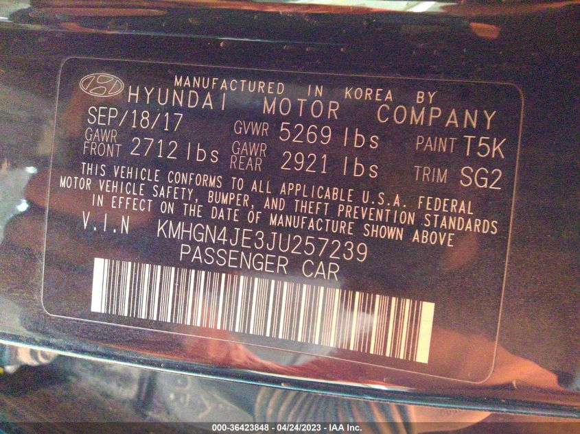 2018 GENESIS G80 3.8L KMHGN4JE3JU257239