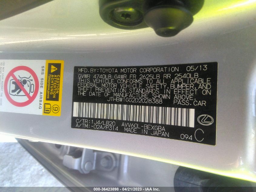 2013 LEXUS ES 300H HYBRID - JTHBW1GG2D2028388