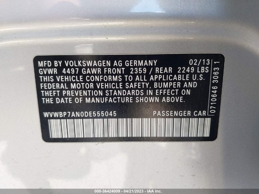 2013 VOLKSWAGEN CC SPORT - WVWBP7AN0DE555045