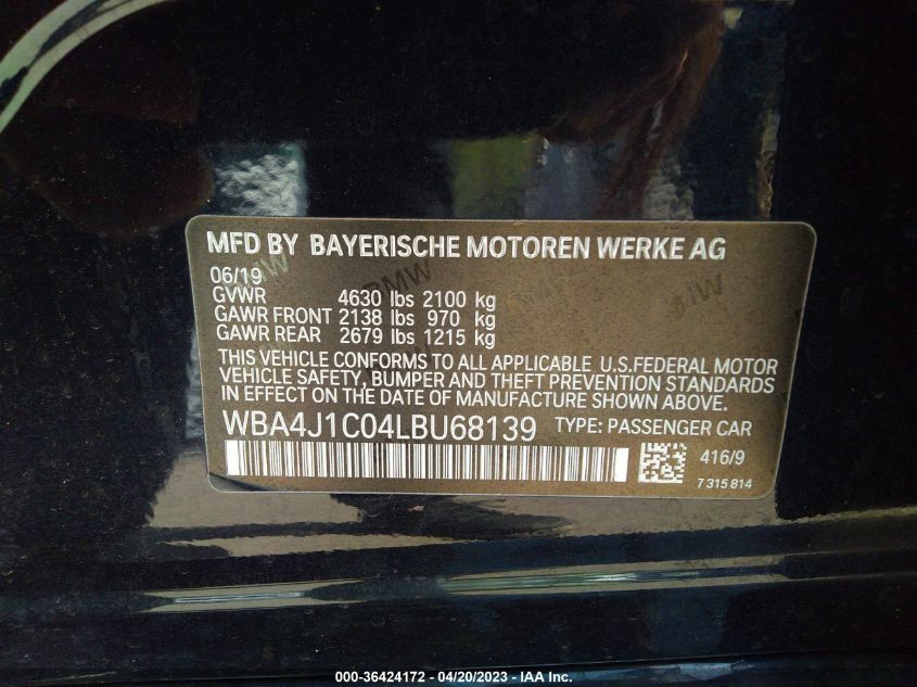 2020 BMW 4 SERIES 430I - WBA4J1C04LBU68139