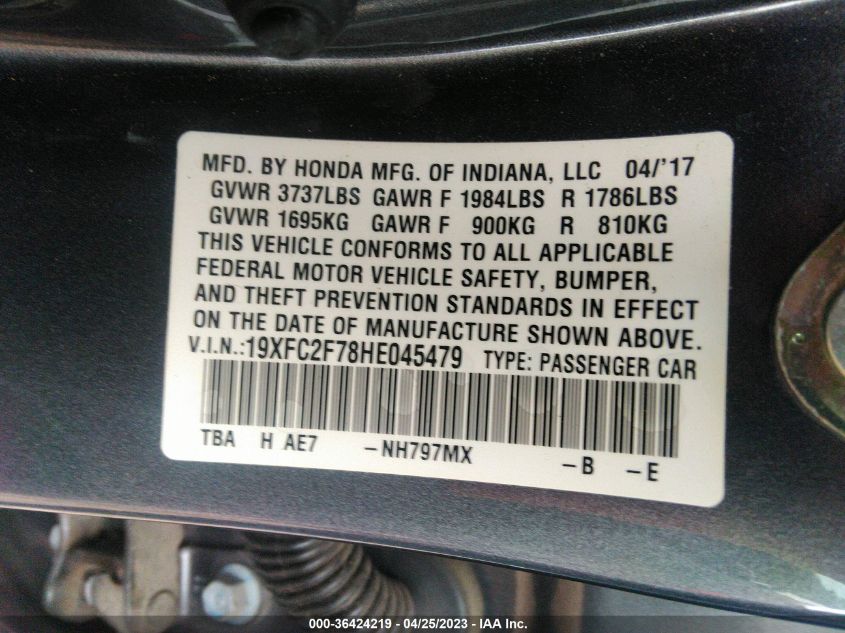 2017 HONDA CIVIC SEDAN EX - 19XFC2F78HE045479