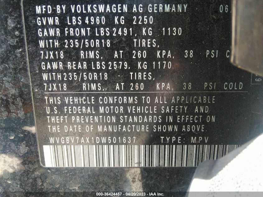 2013 VOLKSWAGEN TIGUAN SE - WVGBV7AX1DW501637