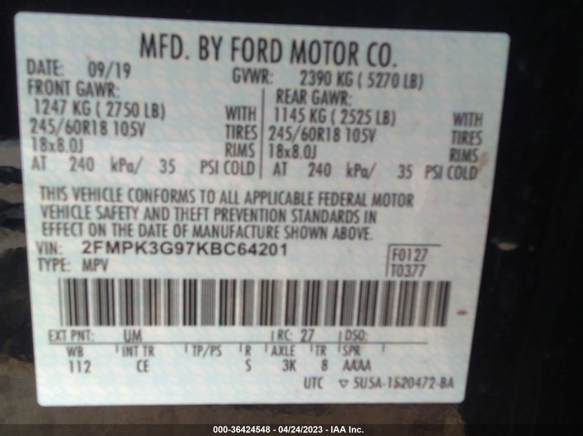VIN 2FMPK3G97KBC64201 2019 FORD EDGE SE
