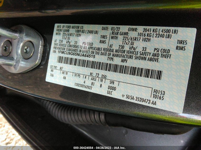 2022 FORD ESCAPE SE - 1FMCU9G65NUA64515