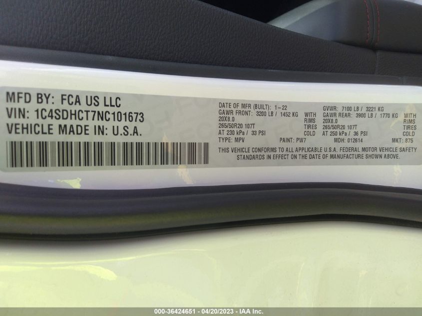 2022 DODGE DURANGO R/T - 1C4SDHCT7NC101673