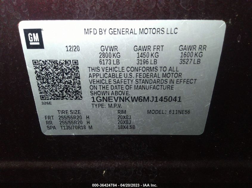 2021 CHEVROLET TRAVERSE HIGH COUNTRY - 1GNEVNKW6MJ145041