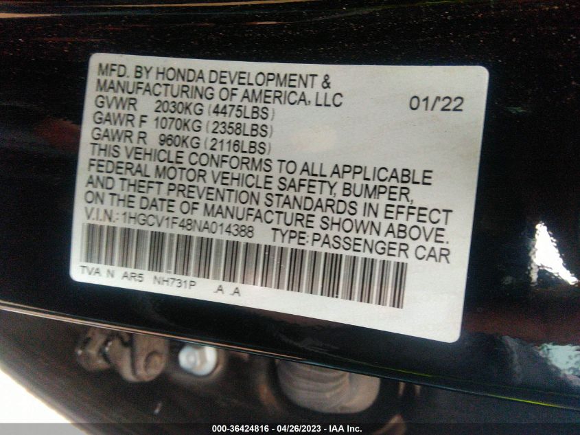 2022 HONDA ACCORD SEDAN SPORT SE - 1HGCV1F48NA014388