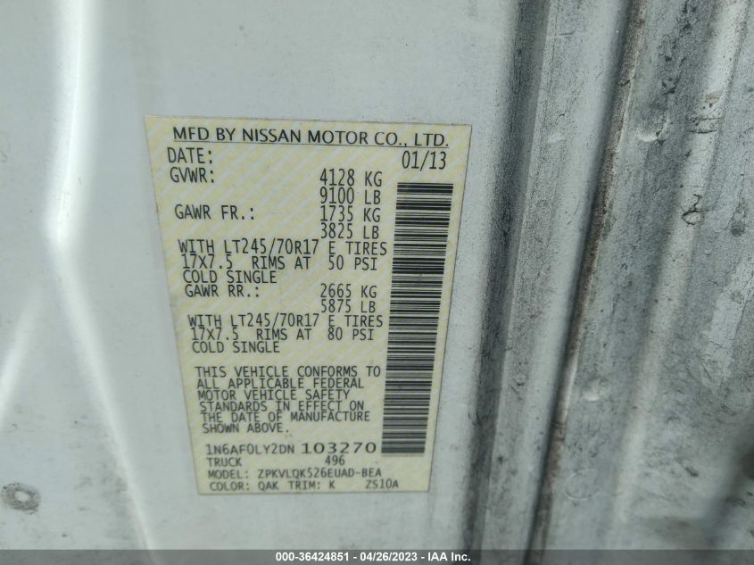 2013 NISSAN NV S 1N6AF0LY2DN103270