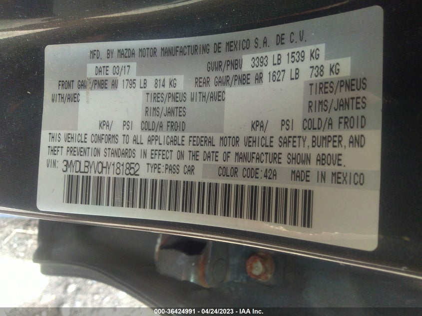 VIN 3MYDLBYV0HY181852 2017 TOYOTA YARIS IA