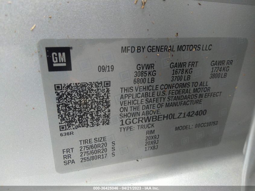 2020 CHEVROLET SILVERADO 1500 CUSTOM - 1GCRWBEH0LZ142400