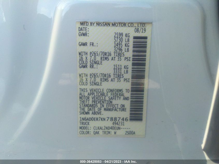 2019 NISSAN FRONTIER SV - 1N6AD0ER7KN788746