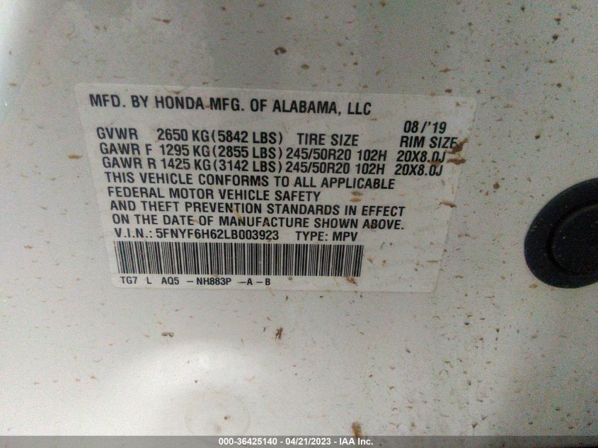 2020 HONDA PILOT TOURING 7-PASSENGER - 5FNYF6H62LB003923