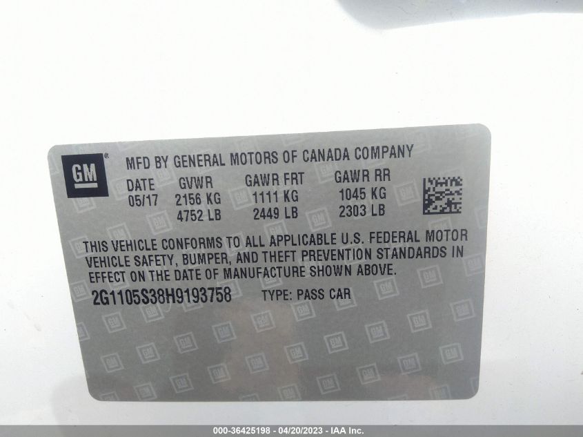 2017 CHEVROLET IMPALA LT - 2G1105S38H9193758