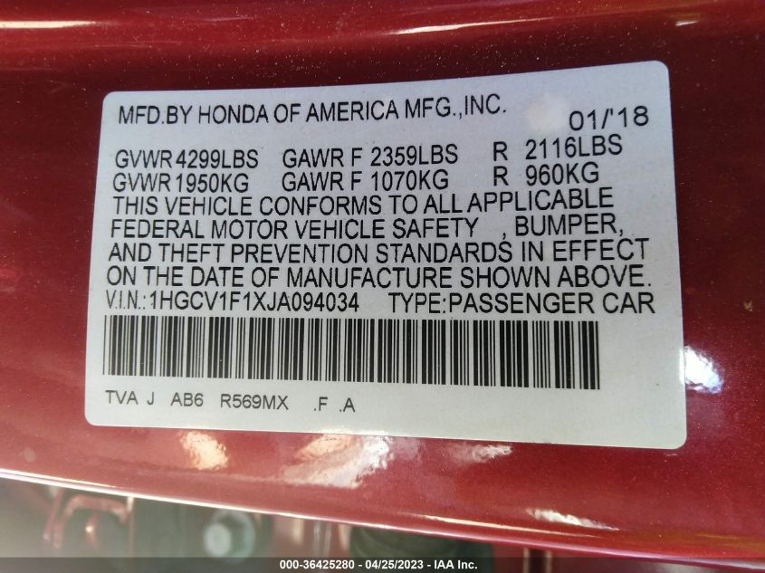 2018 HONDA ACCORD SEDAN LX 1.5T - 1HGCV1F1XJA094034