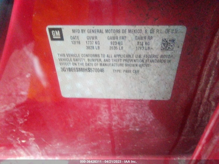 2017 CHEVROLET CRUZE LT - 3G1BE6SM8HS570046
