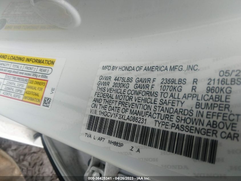 2020 HONDA ACCORD SEDAN SPORT - 1HGCV1F3XLA086231