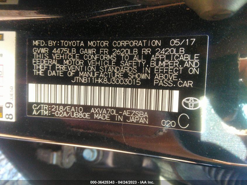 2018 TOYOTA CAMRY LE/SE/XLE/L - JTNB11HK8J3003015