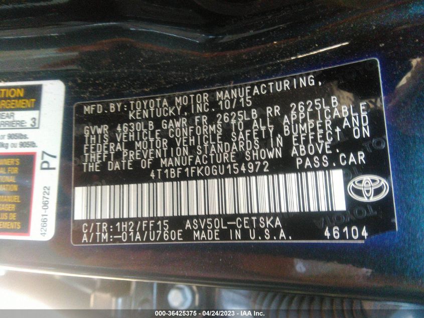 2016 TOYOTA CAMRY XLE/SE/LE/XSE - 4T1BF1FK0GU154972