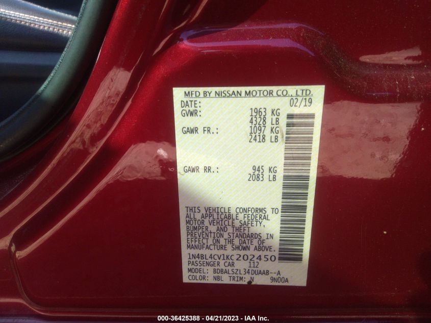 2019 NISSAN ALTIMA 2.5 SR - 1N4BL4CV1KC202450