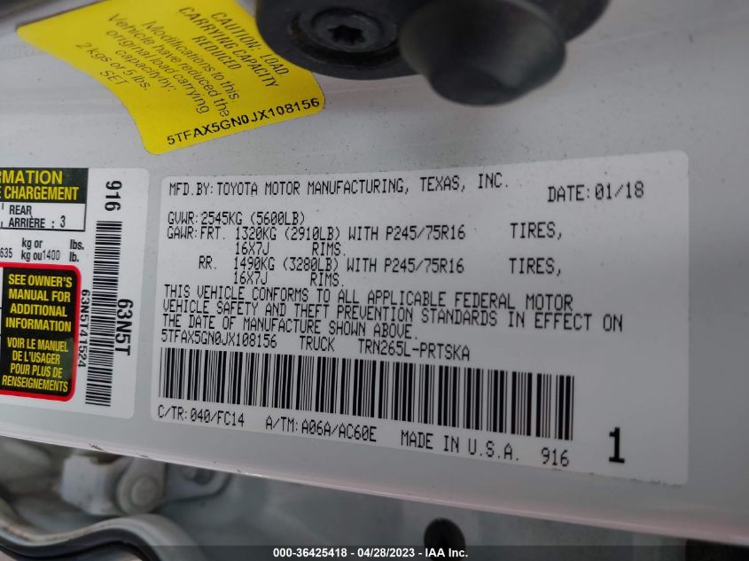 2018 TOYOTA TACOMA SR/SR5 - 5TFAX5GN0JX108156