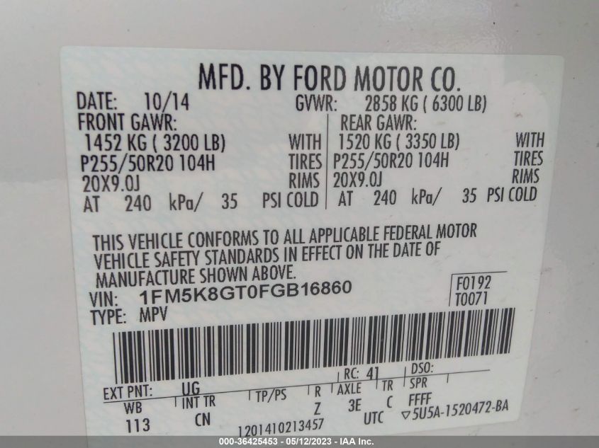 2015 FORD EXPLORER SPORT - 1FM5K8GT0FGB16860