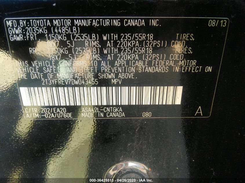 2013 TOYOTA RAV4 LIMITED - 2T3YFREV7DW043455