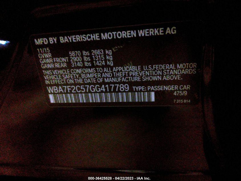 2016 BMW 7 SERIES 750I XDRIVE - WBA7F2C57GG417789