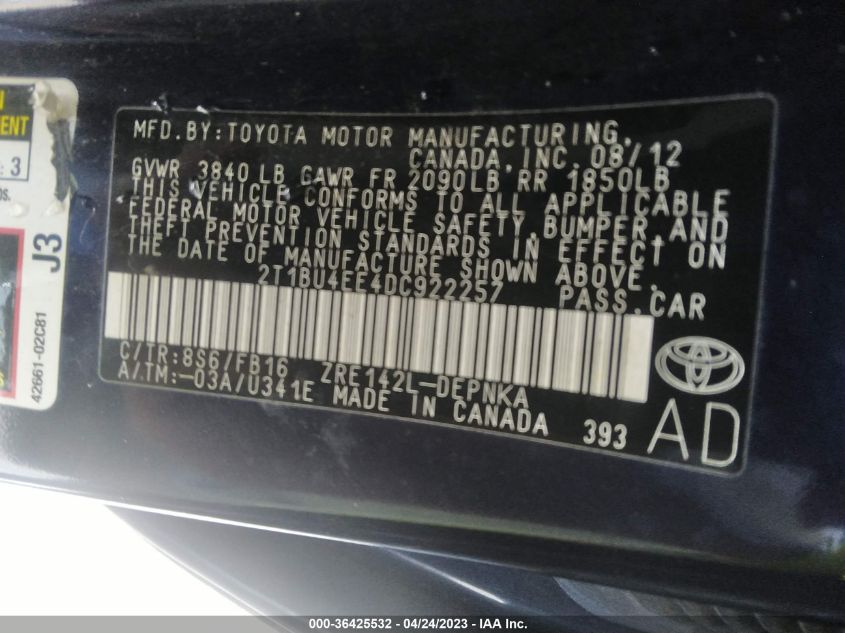 2013 TOYOTA COROLLA L/LE/S - 2T1BU4EE4DC922257