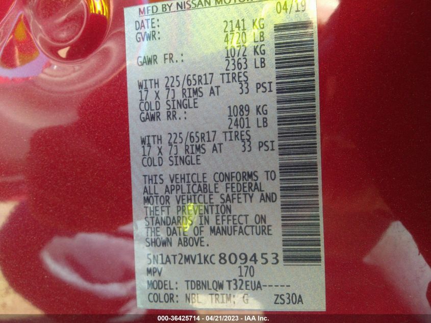 2019 NISSAN ROGUE SV - 5N1AT2MV1KC809453