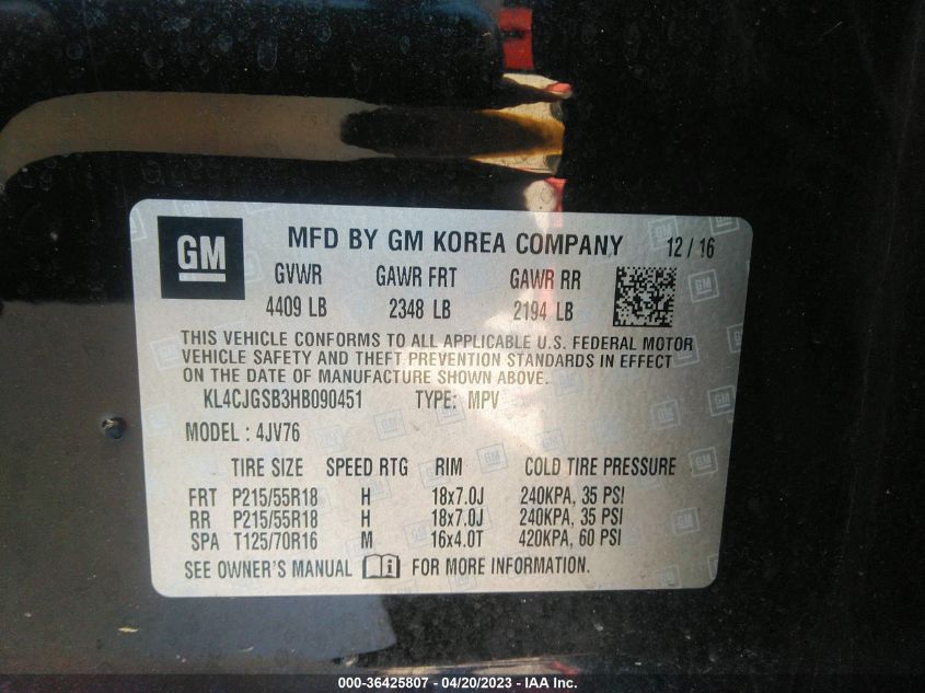 2017 BUICK ENCORE ESSENCE - KL4CJGSB3HB090451