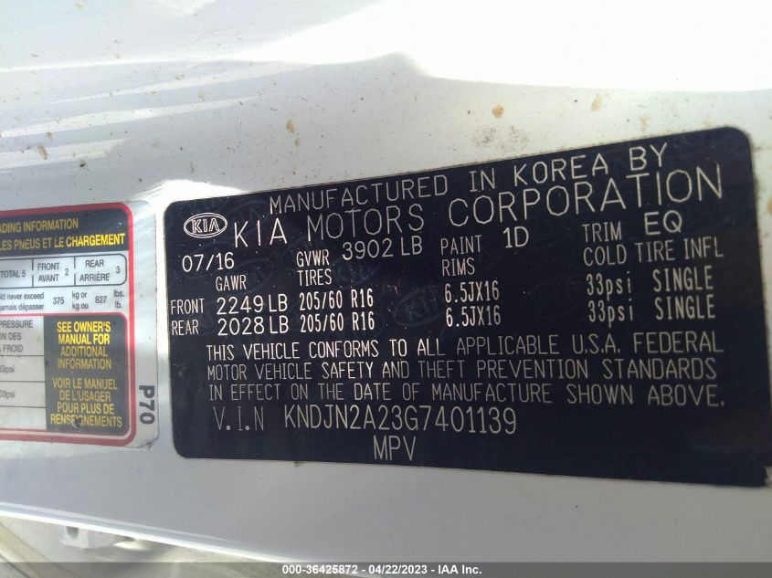 2016 KIA SOUL BASE - KNDJN2A23G7401139