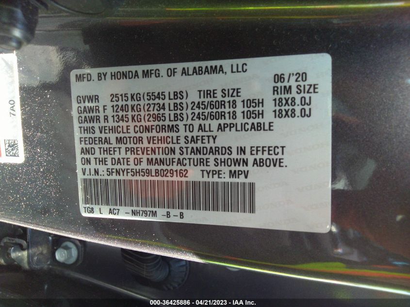 2020 HONDA PILOT EX-L - 5FNYF5H59LB029162