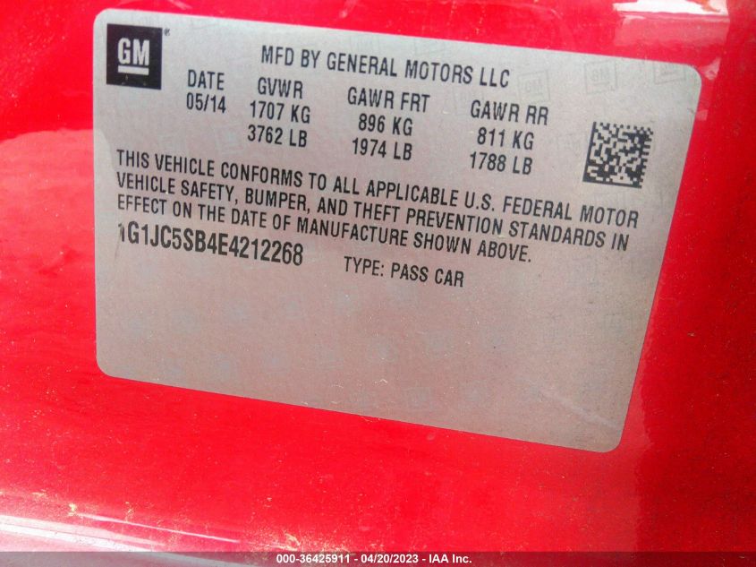 2014 CHEVROLET SONIC LT - 1G1JC5SB4E4212268