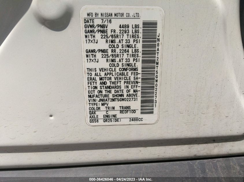 2016 NISSAN ROGUE S - JN8AT2MT5GW022731